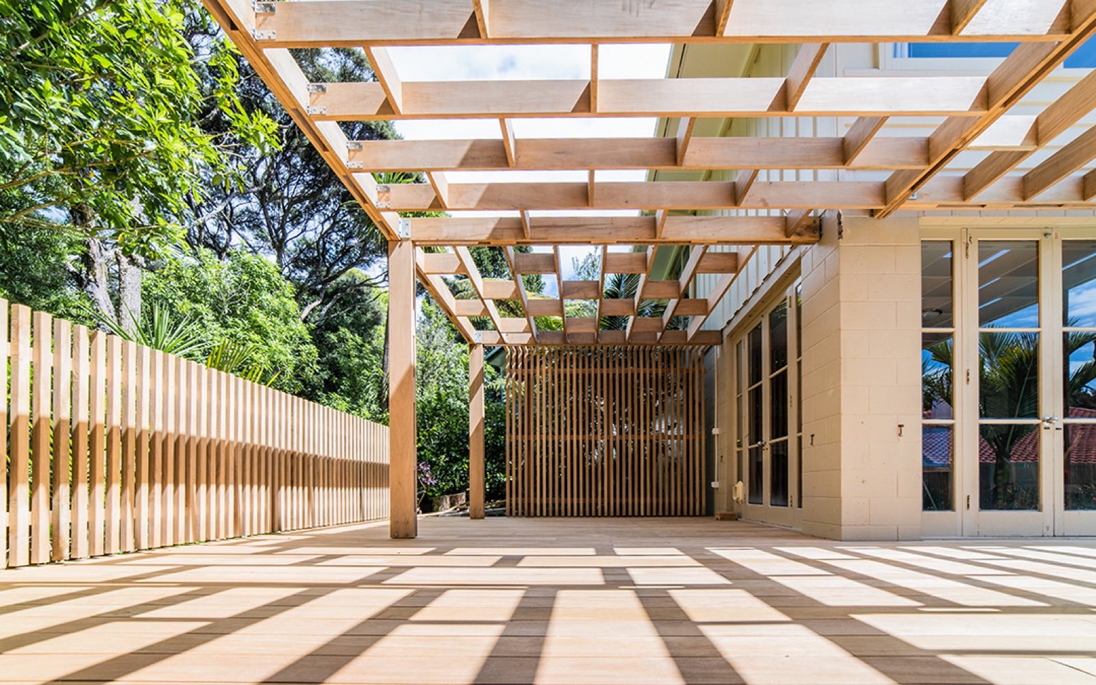 A timber pergola and deck built by Team Green Projects